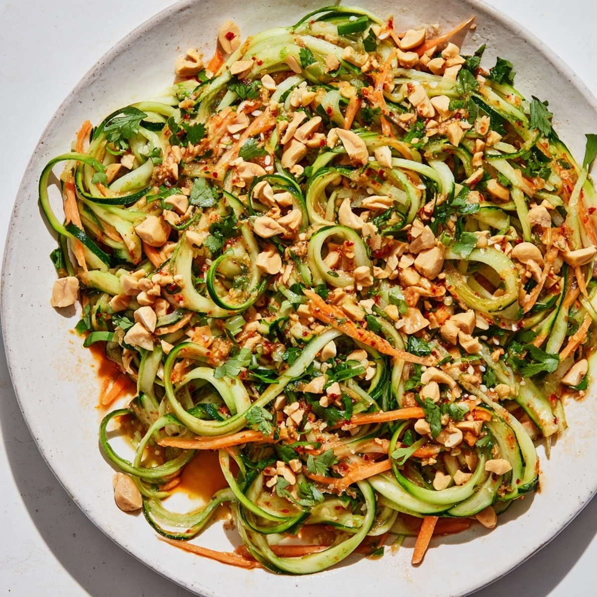 Crispy Spicy Cucumber Noodle Bowl served with chopped peanuts and fresh cilantro, a vibrant, Asian-inspired meal.