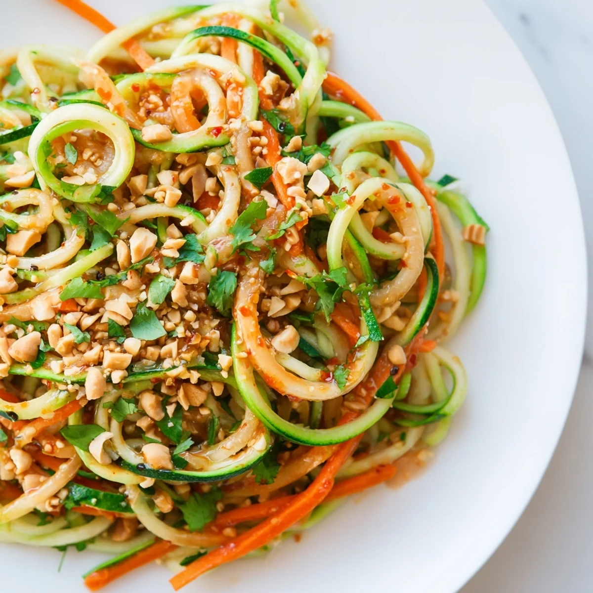 A refreshing view of a Spicy Cucumber Noodle Bowl, showing the vibrant vegetables, tossed in a flavorful chili sauce.