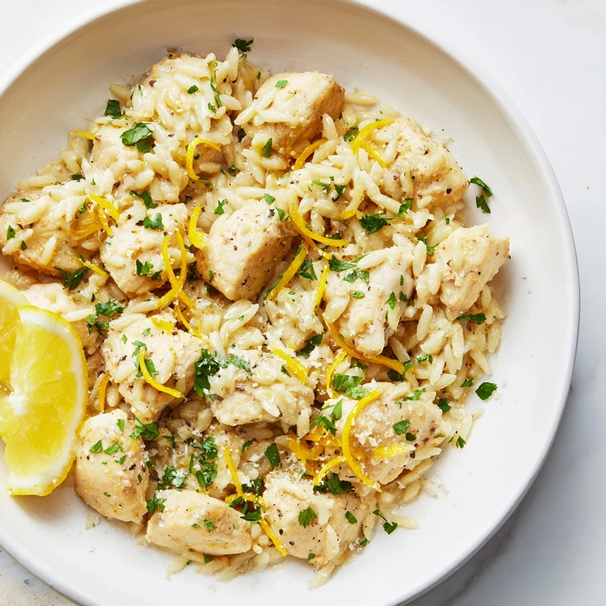 Creamy Lemon Chicken Orzo with tender chicken glistening in a bright, creamy lemon sauce.