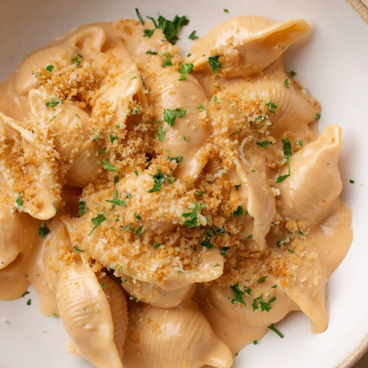 Golden-brown crust on high-protein mac & cheese, creamy cottage cheese sauce, and sprinkled parsley.