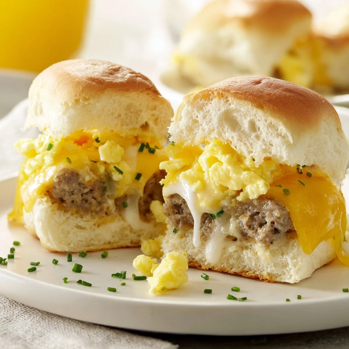 Golden, gooey Mini Breakfast Sliders filled with melted cheese, savory sausage, and fluffy eggs.