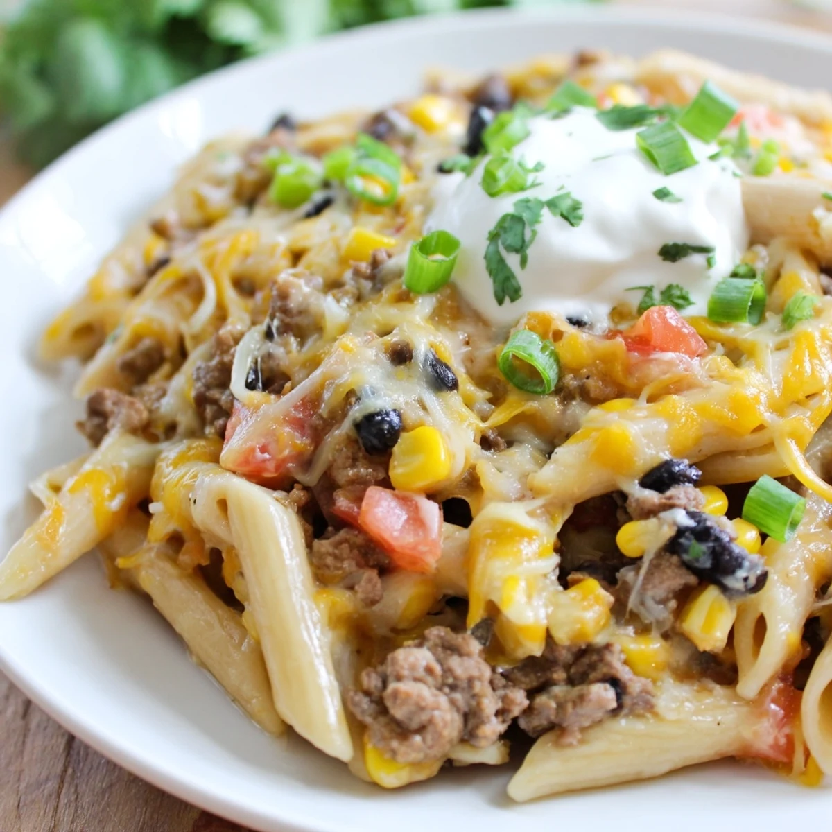 Steaming cheesy taco pasta, a colorful one-pot meal, ready to serve with fresh cilantro.