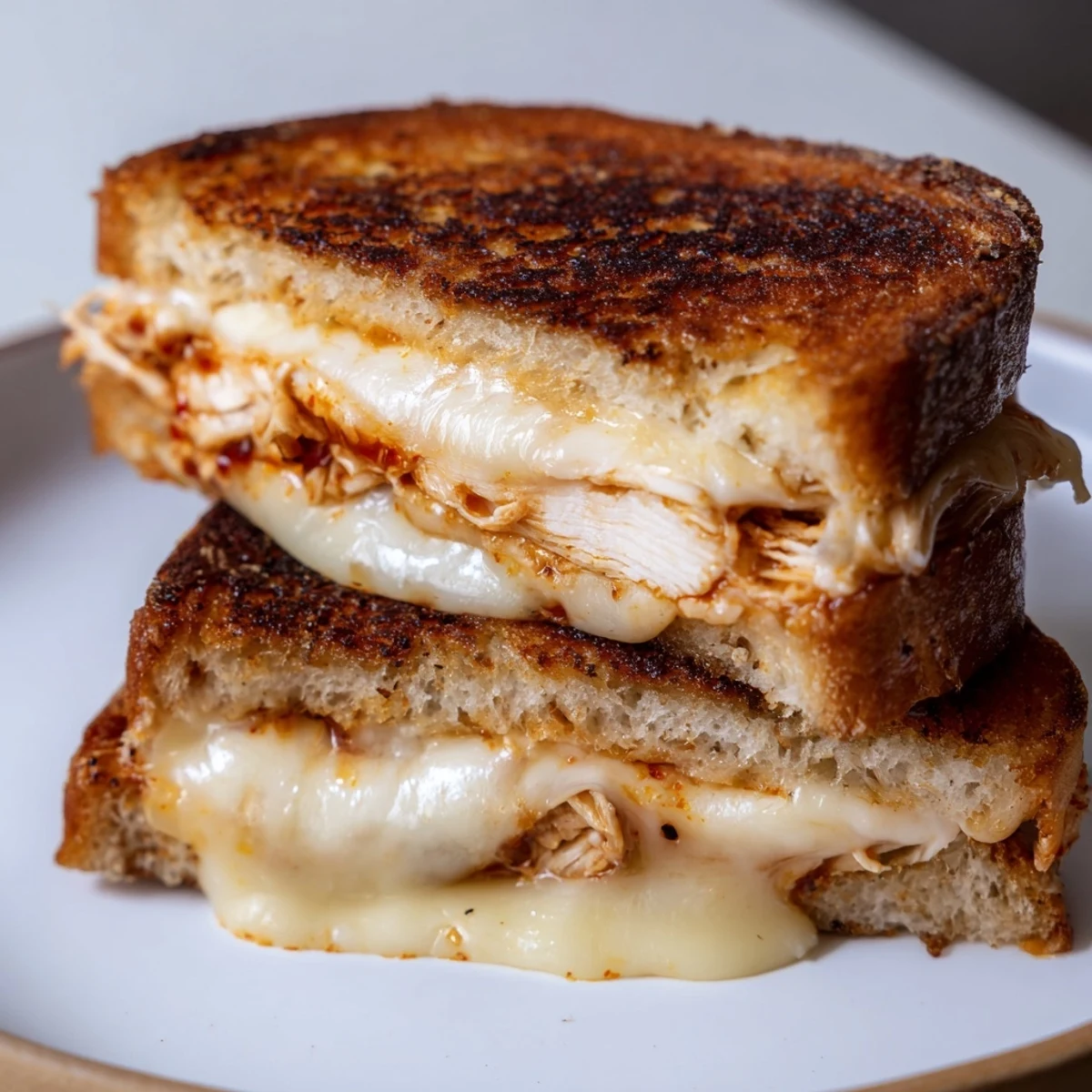 Melted cheese spills over the edges of a golden Chili Crisp Honey Chicken Grilled Cheese sandwich.