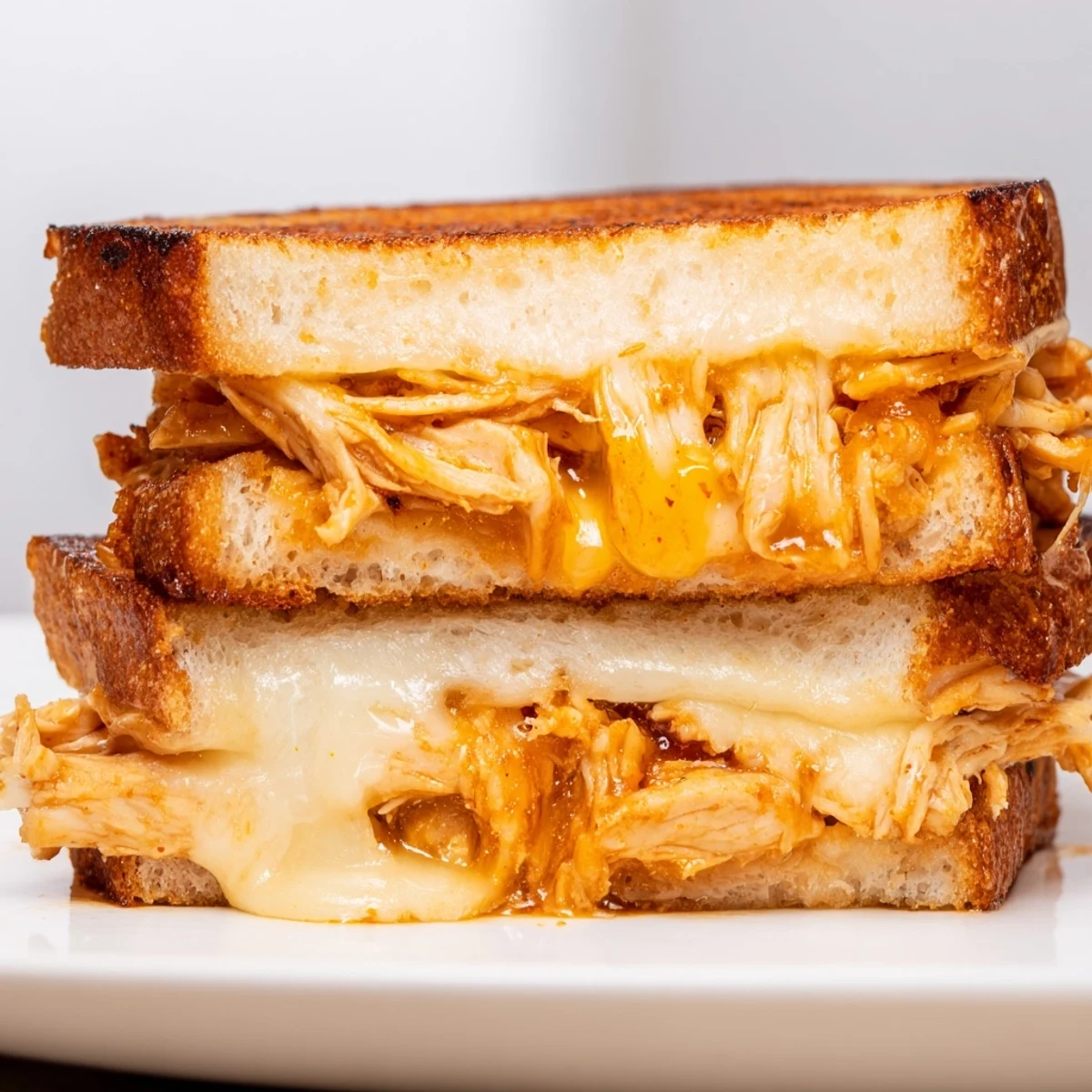 Crispy sourdough and gooey, spicy chicken filling this Chili Crisp Honey Chicken Grilled Cheese looks delicious.