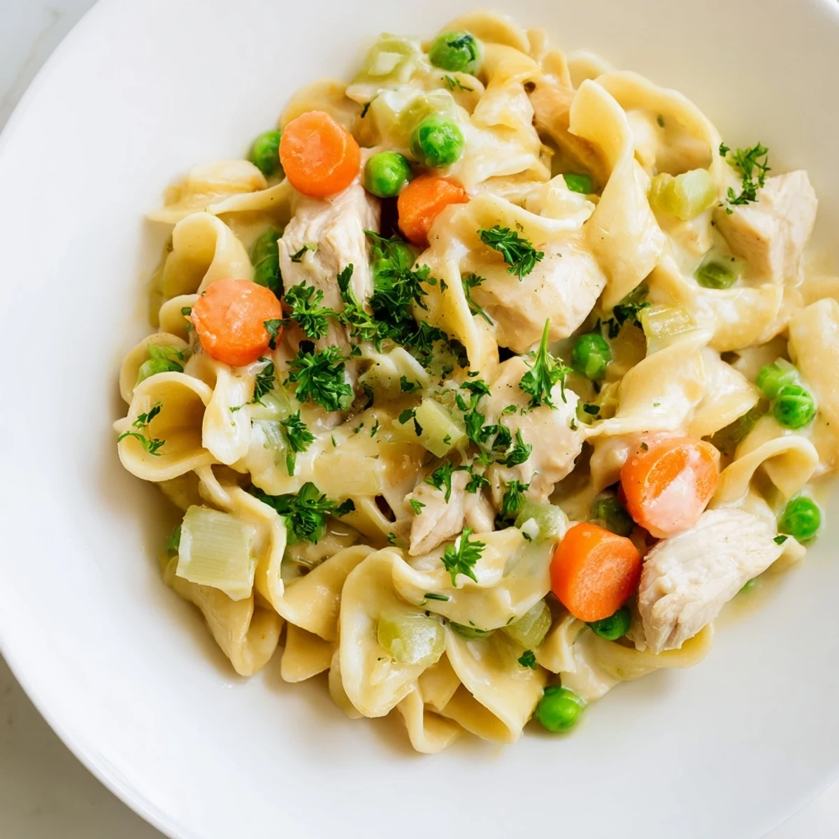 Steaming bowl of creamy chicken and egg noodles, perfect for a cozy, comforting dinner.