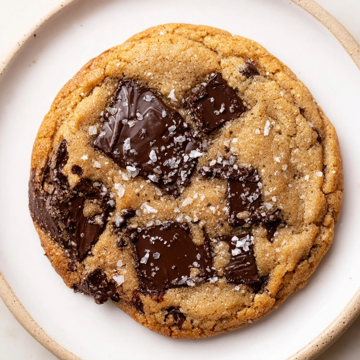 A close-up of a delightful plate of chewy Miso Brown Butter Cookies, with a dusting of flaky sea salt.