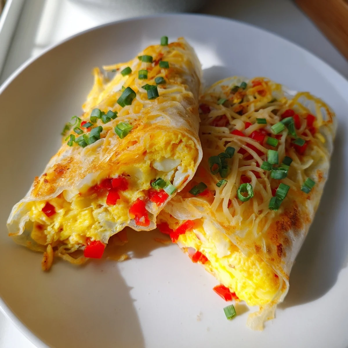 Golden-brown Rice Paper Egg Cheese Wrap, filled with melty cheese, perfect for a quick breakfast.