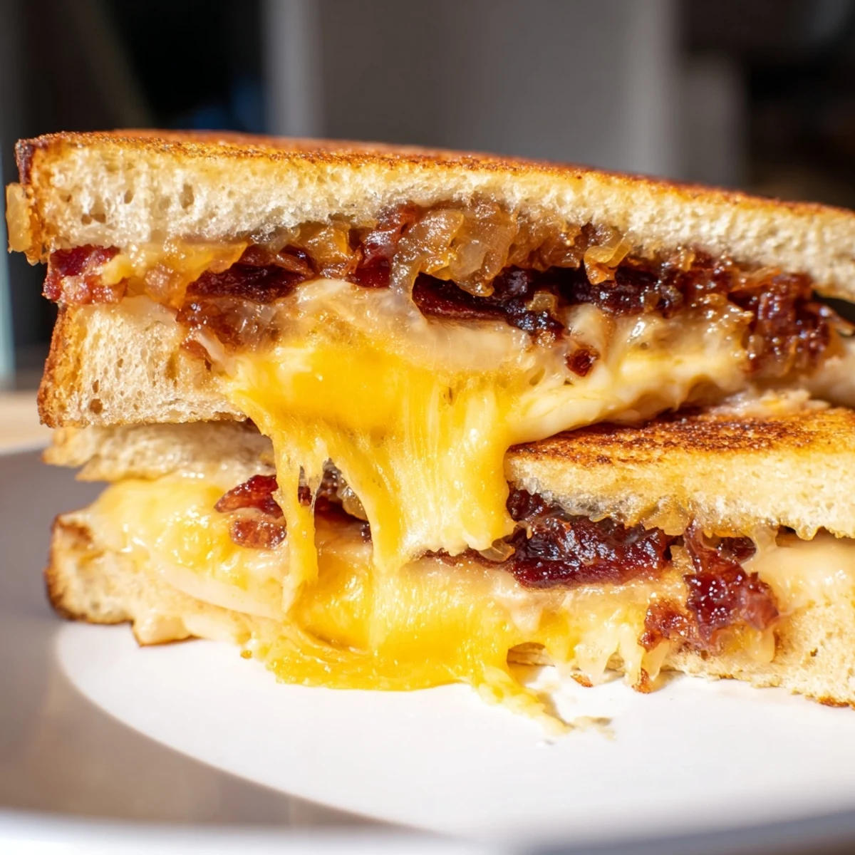 Image depicts a warm, savory bacon jam grilled cheese sandwich ready to be sliced and enjoyed.