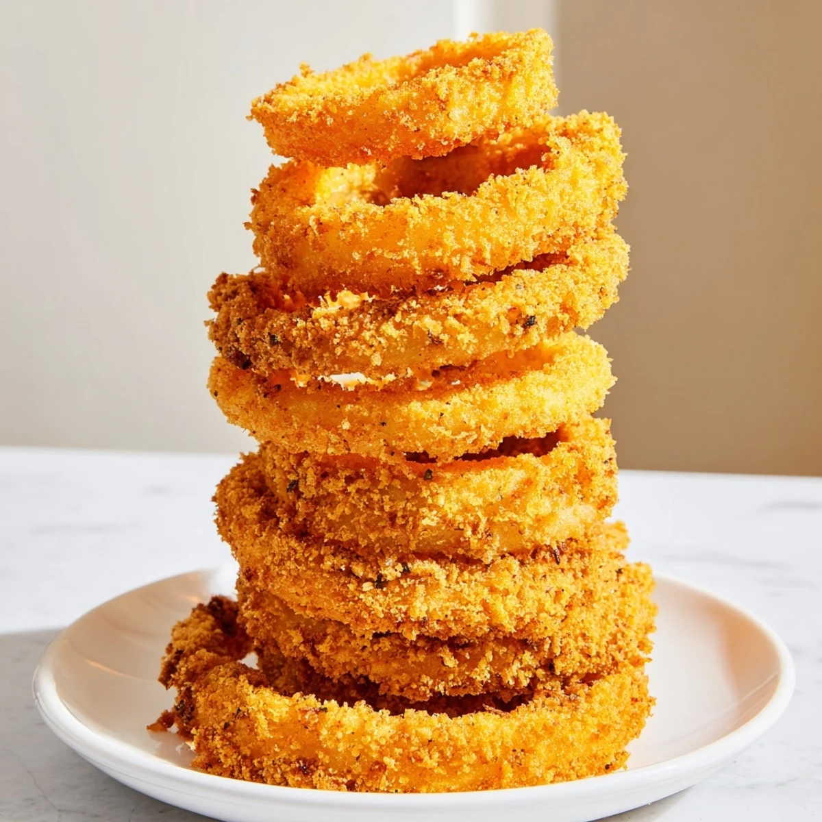 Crispy Onion Ring Tower: a golden, crunchy stack of fried onion rings, ready to be dipped and enjoyed.