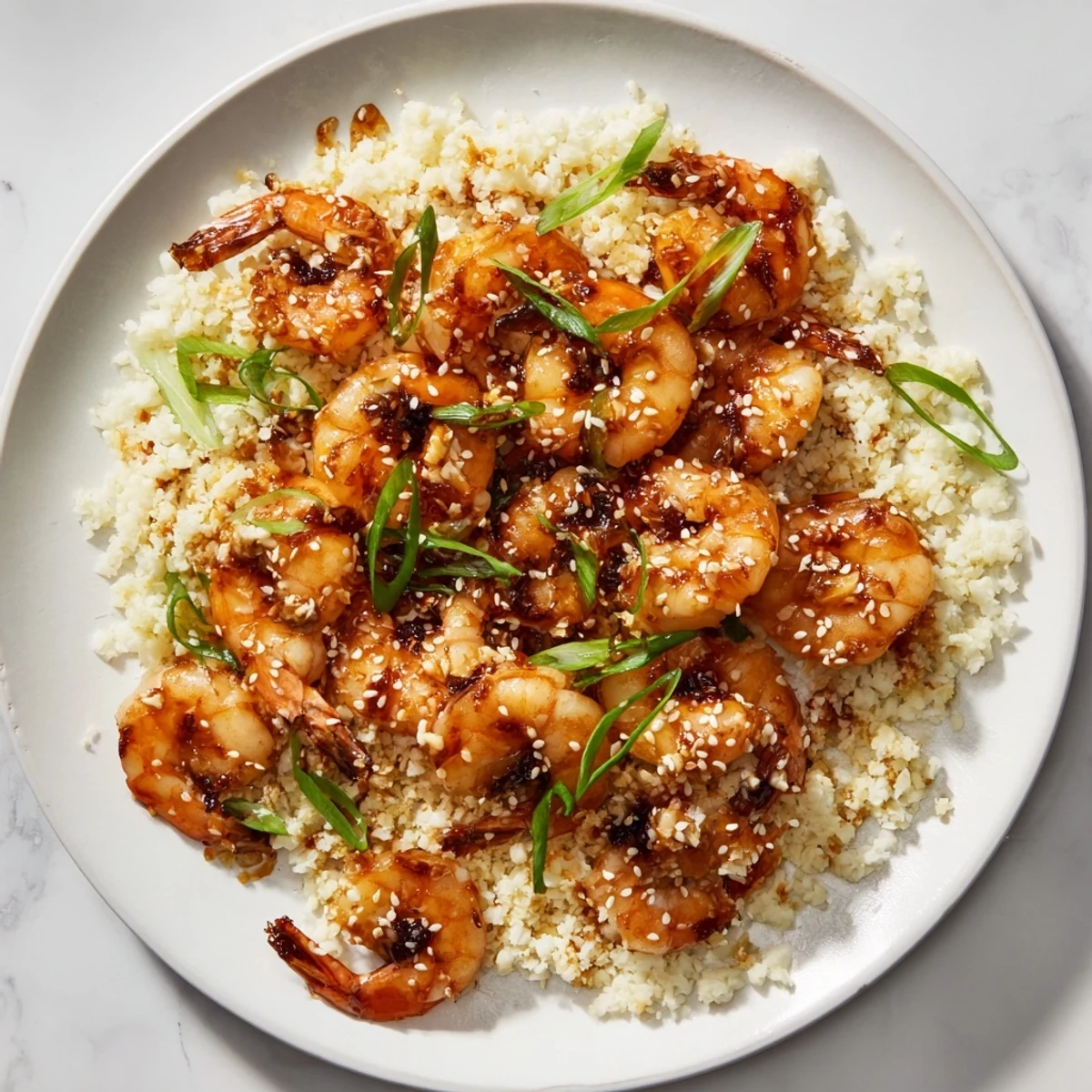 Beautifully plated ginger garlic shrimp bowls with fluffy cauliflower rice and savory soy drizzle.
