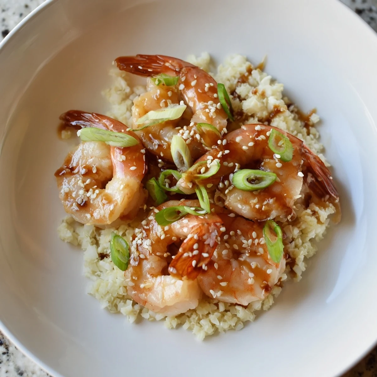 Ginger garlic shrimp bowls with vibrant green onions and sesame seeds, ready to eat.