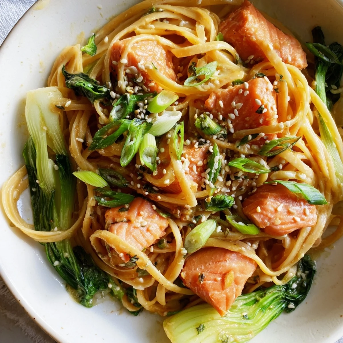 Savor the deliciousness of Miso Butter Salmon Pasta: a comforting fusion dish with a creamy sauce.