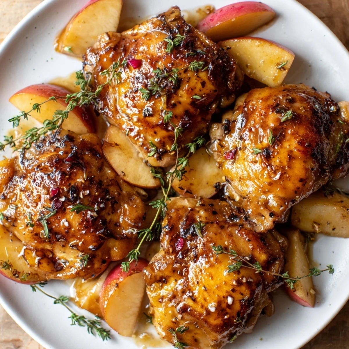 Golden, glistening Sticky Maple Apple Chicken, the tender thighs baked with sweet apples for dinner.