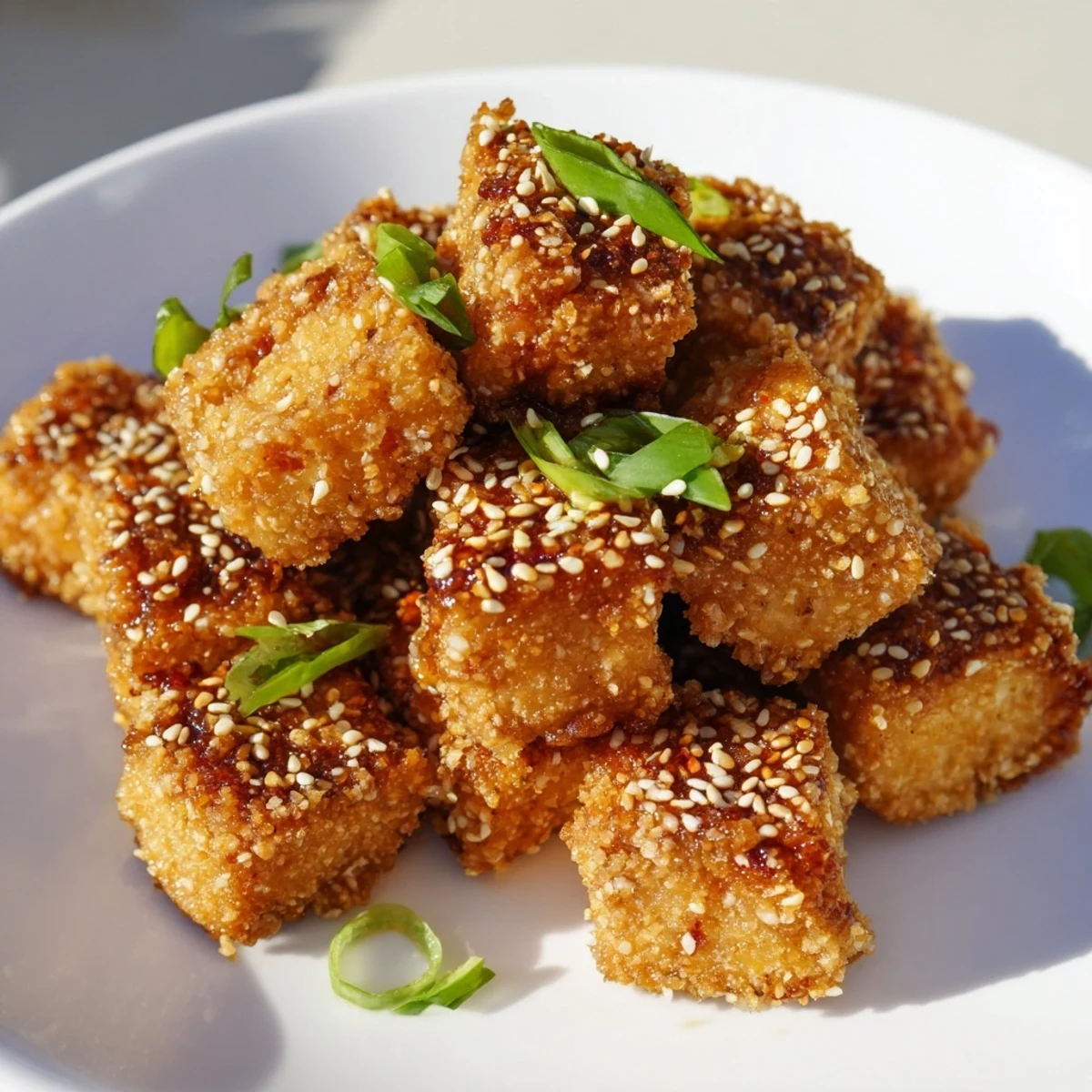 Air-fried Honey Sriracha Tofu Nuggets featuring a sweet and savory sauce, ready to serve as an appetizer.