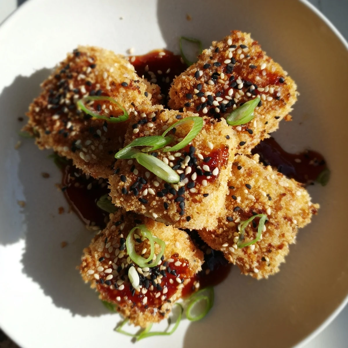 Golden, crispy Honey Sriracha Tofu Nuggets glistening with sweet and spicy glaze ready to eat.