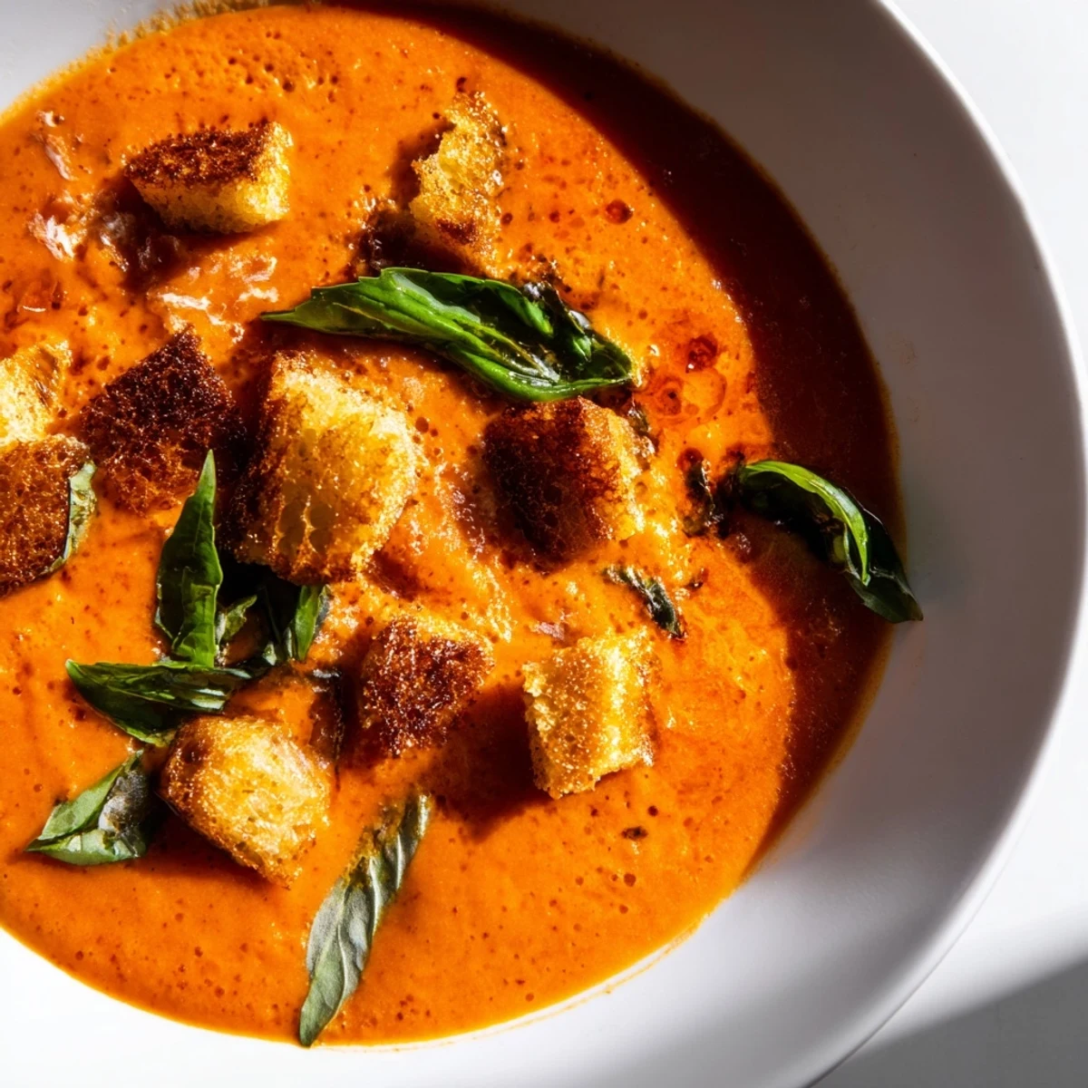 Warm bowl of creamy roasted garlic tomato soup, garnished with fresh basil for a bright touch.