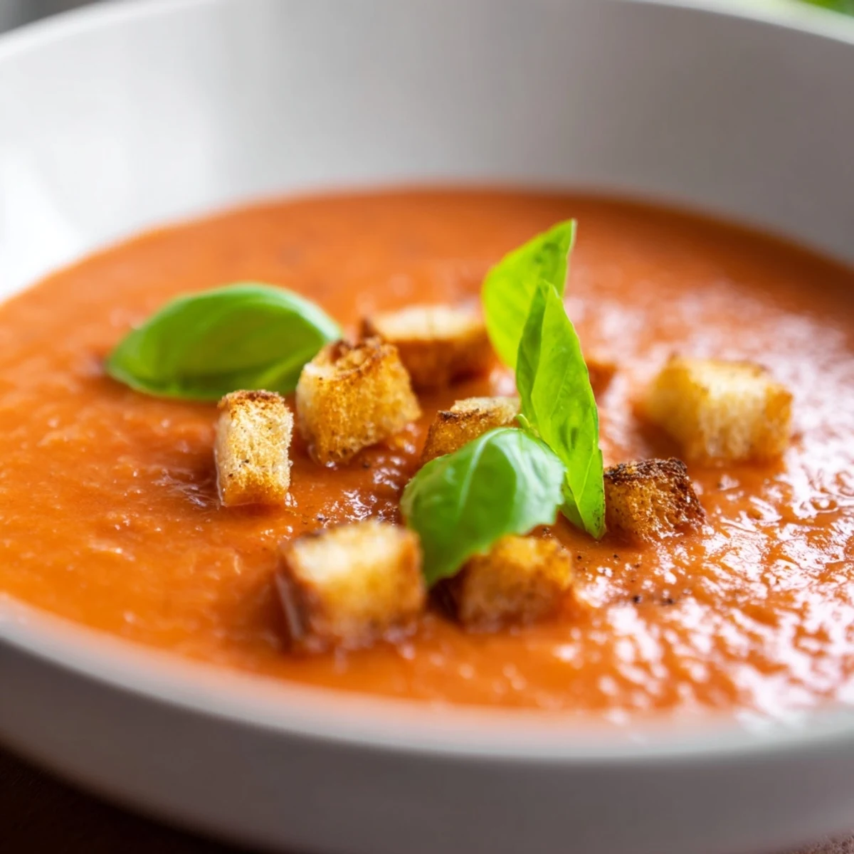 A close-up of creamy roasted garlic tomato soup, its velvety texture ready to be savored.