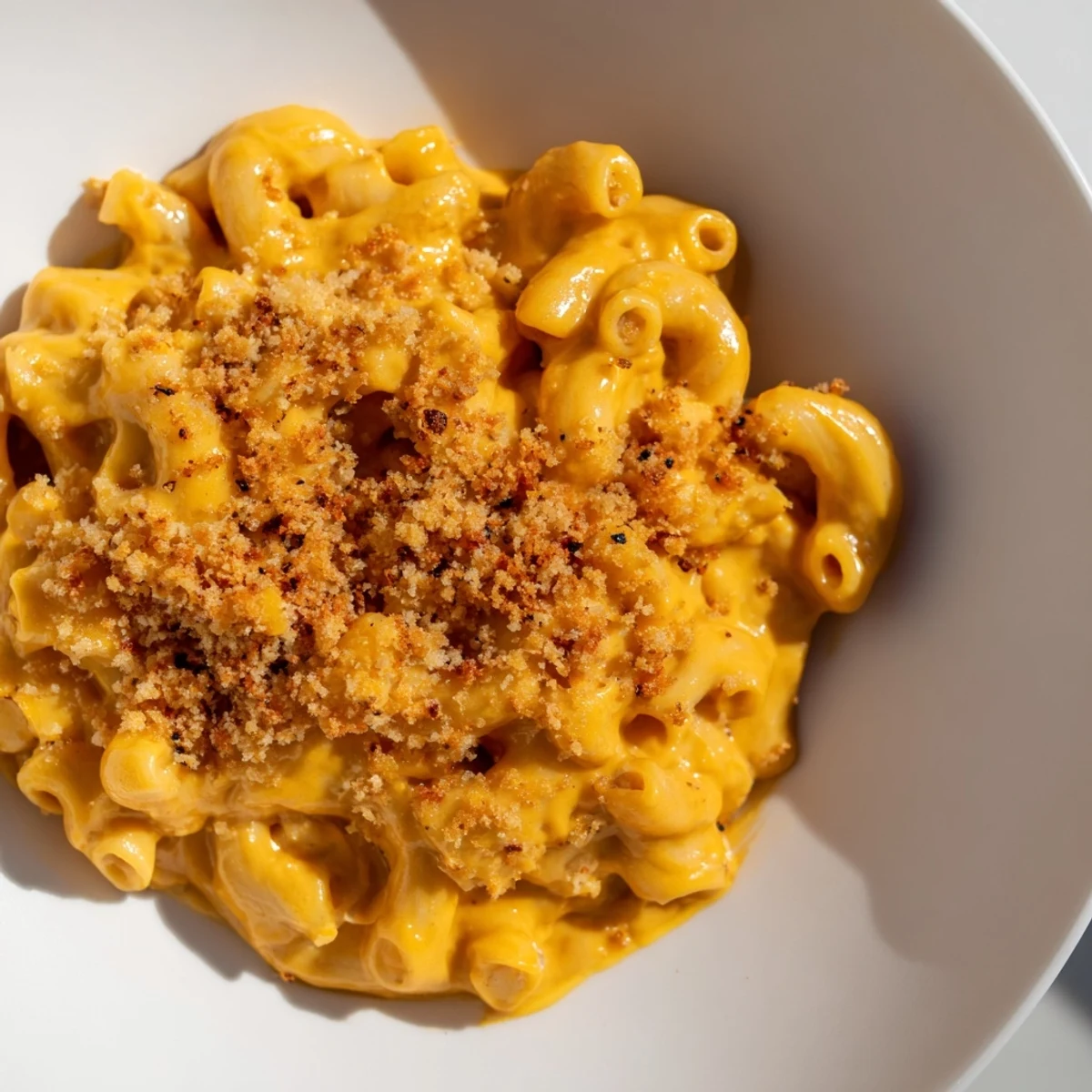 A creamy, vibrant orange bowl of Pumpkin Mac & Cheese, with a sprinkle of Parmesan on top.