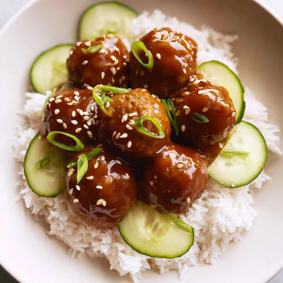 Savory teriyaki meatball bowls, picture meatballs glistening in a sweet sauce atop fluffy rice, served fresh.