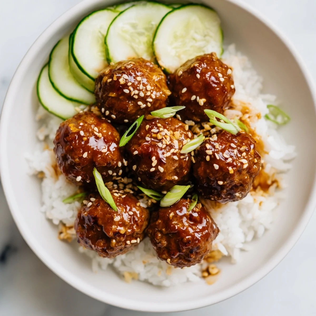 Tender teriyaki meatball bowls, a colorful lunch or dinner with refreshing cucumber and sesame seeds on top.