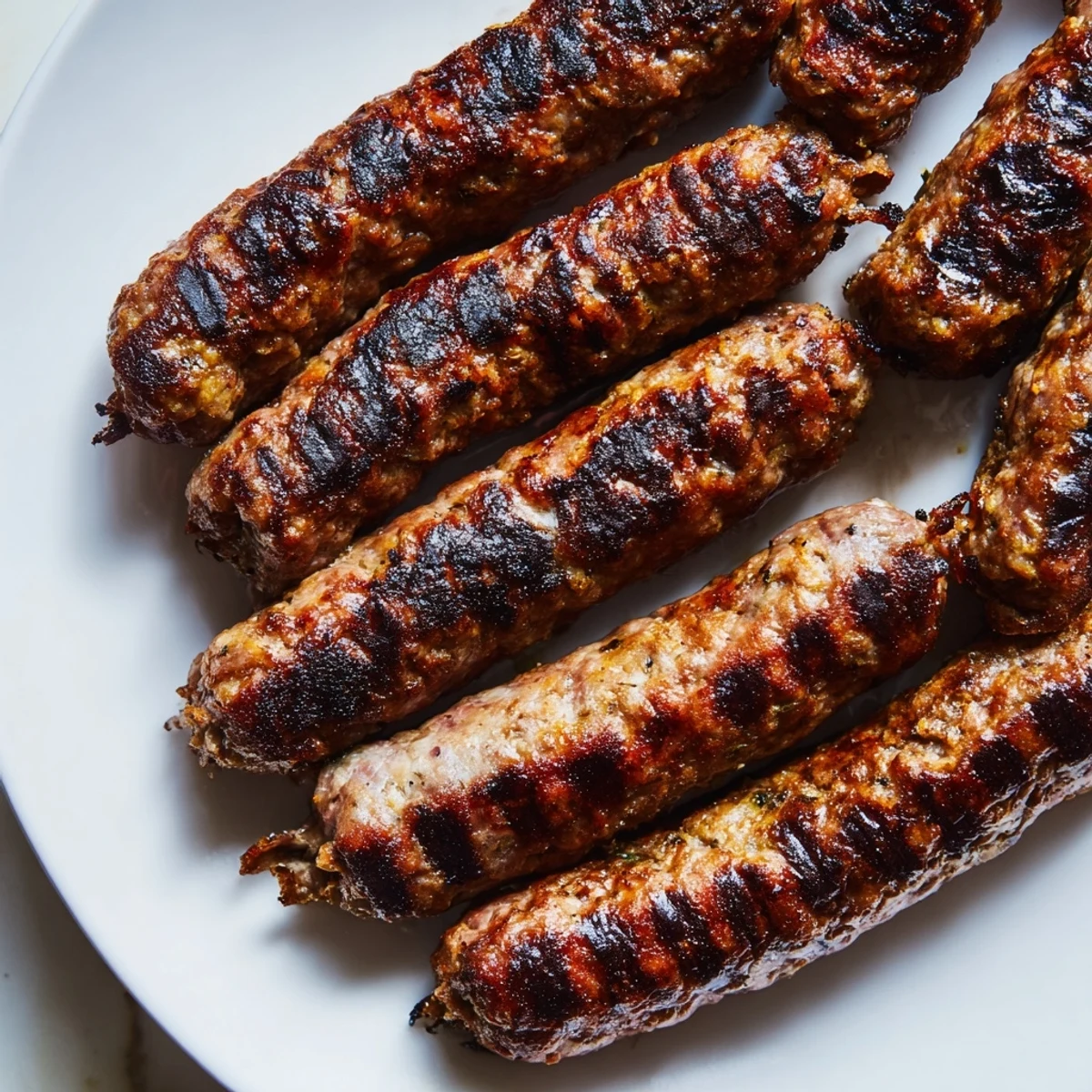 Grilled Romanian mici sausages, browned and appealing, ready to be served hot with mustard and bread.