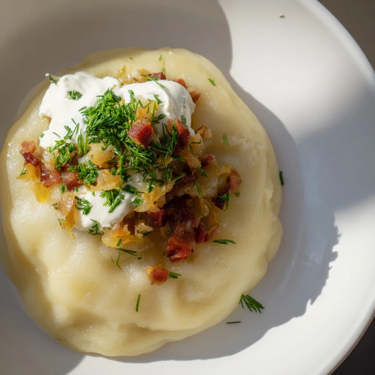 Steaming Lithuanian Cepelinai dumplings, filled with savory meat, are served with a creamy bacon sauce.