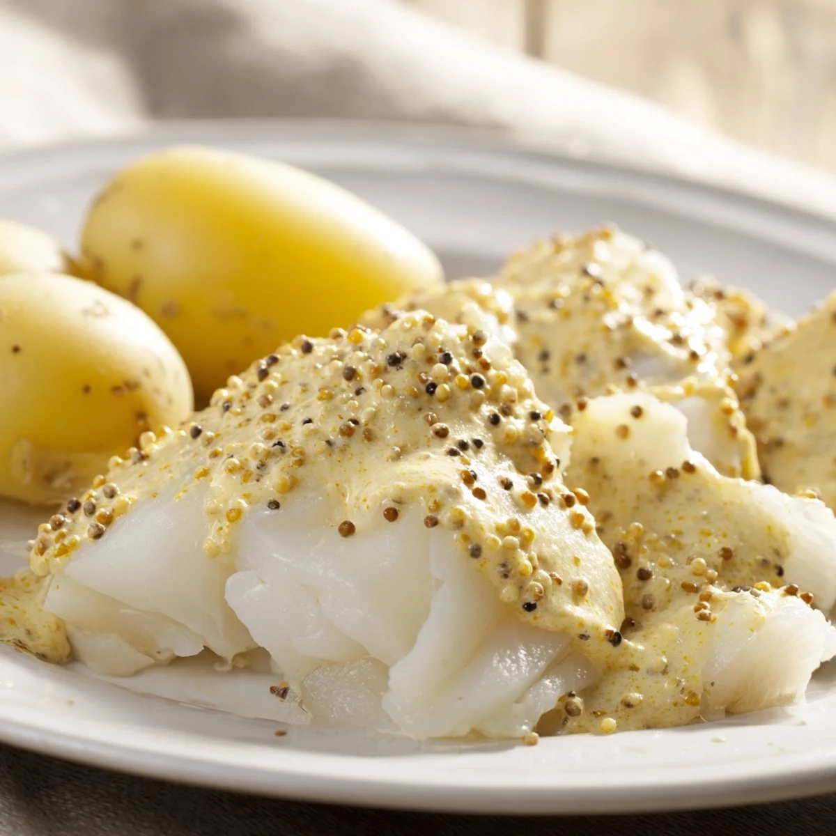 Flaky Norwegian Lutefisk with creamy mustard sauce, served with boiled potatoes and crispbread.