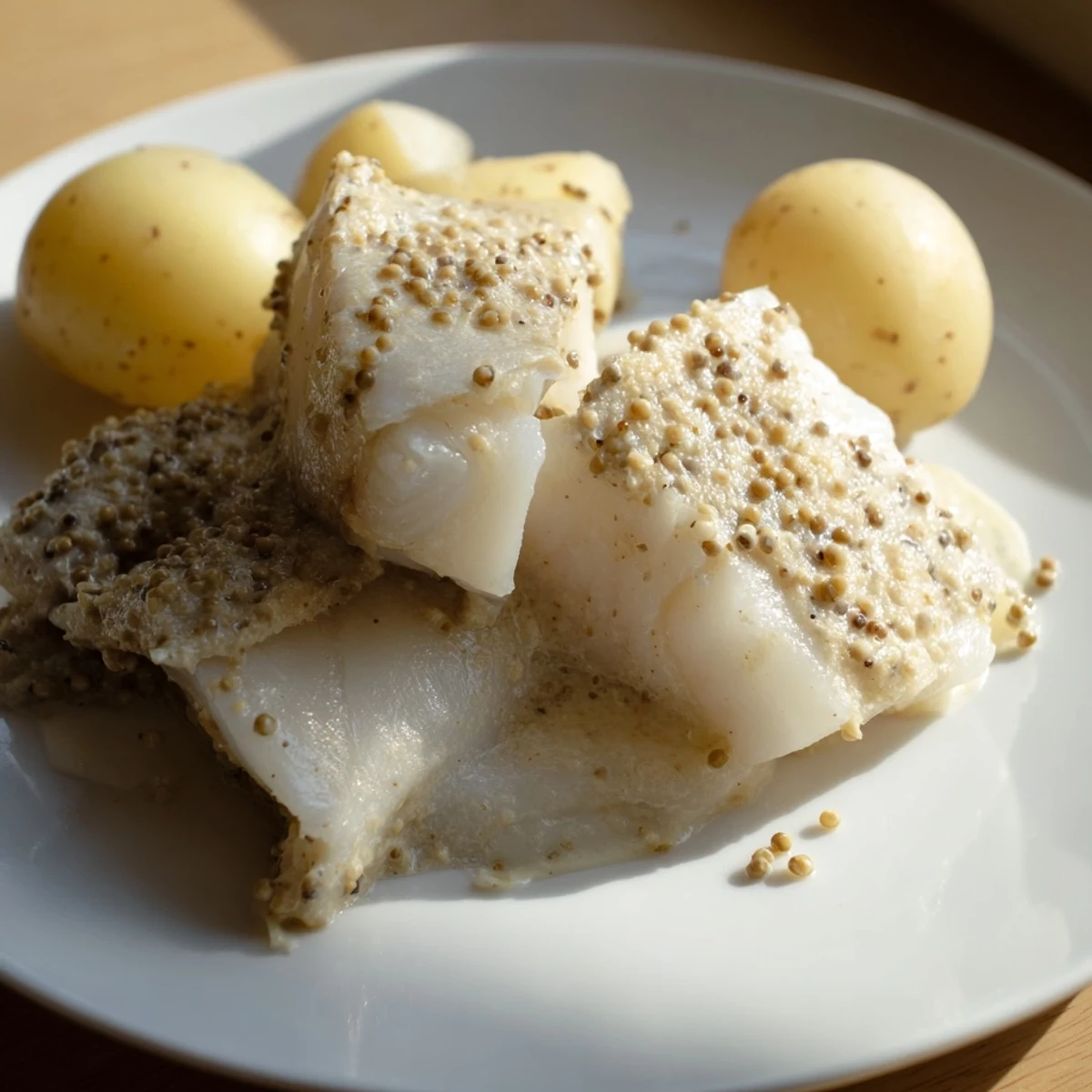 Tender, mild Norwegian Lutefisk topped with mustard sauce, ideal for a festive, pescatarian meal.