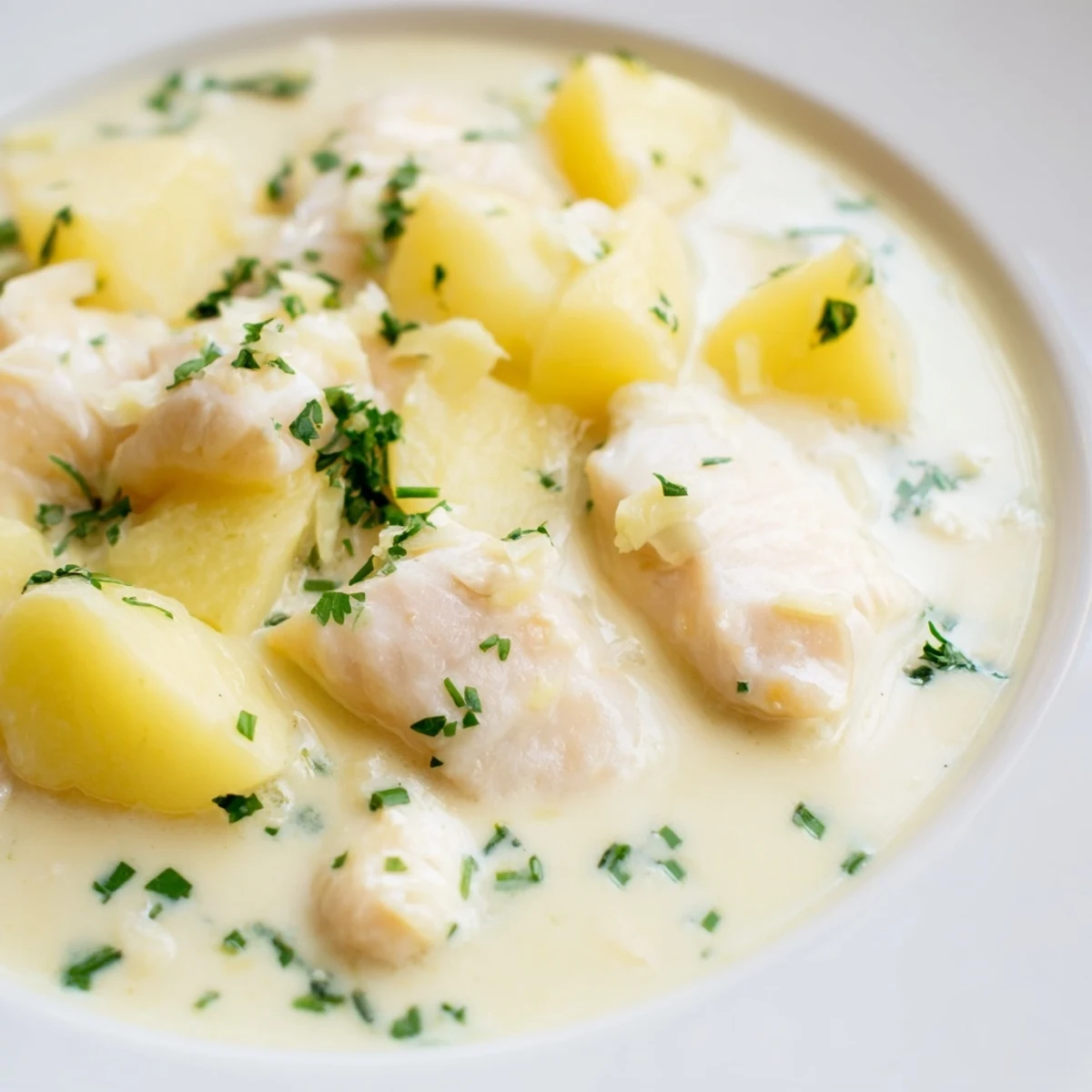A close-up of Icelandic Fish Stew, showing flaked fish in a rich, creamy broth with fresh herbs.