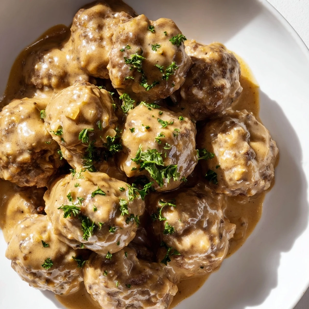 Golden brown Swedish meatballs swimming in a rich, creamy sauce, ready to serve over mashed potatoes.