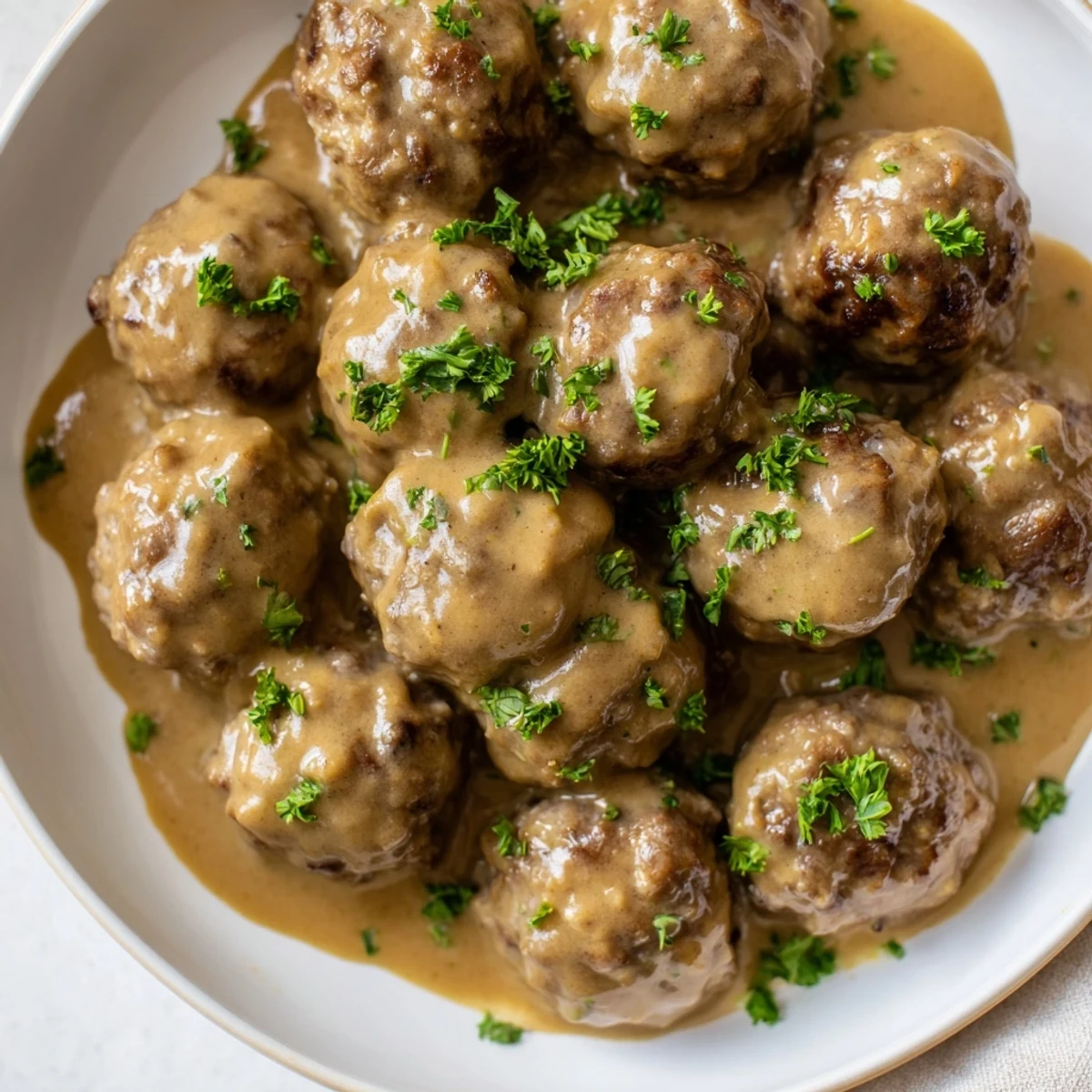 A close-up of a skillet filled with flavorful Swedish Meatballs, freshly cooked and simmering in a brown gravy.