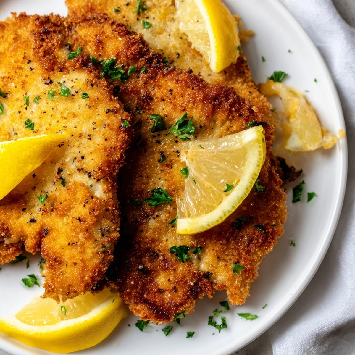 Golden-brown German schnitzel cutlet, crispy from pan-frying, ready to be served with a lemon wedge.