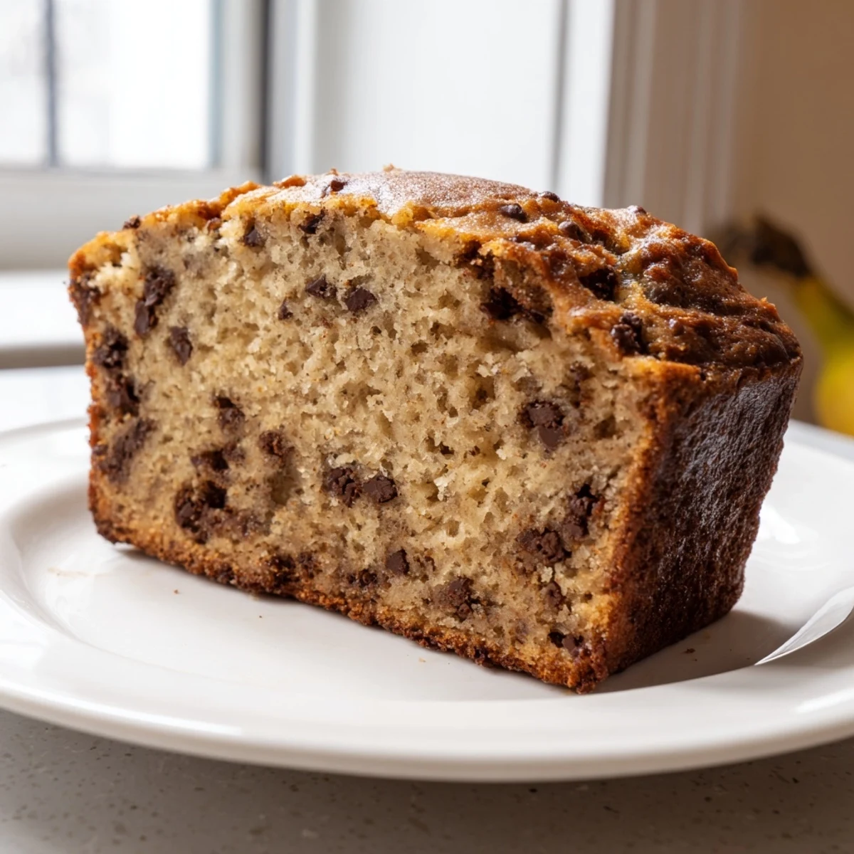 A slice of moist banana bread loaf studded with melty chocolate chips, perfect for breakfast or an afternoon snack.