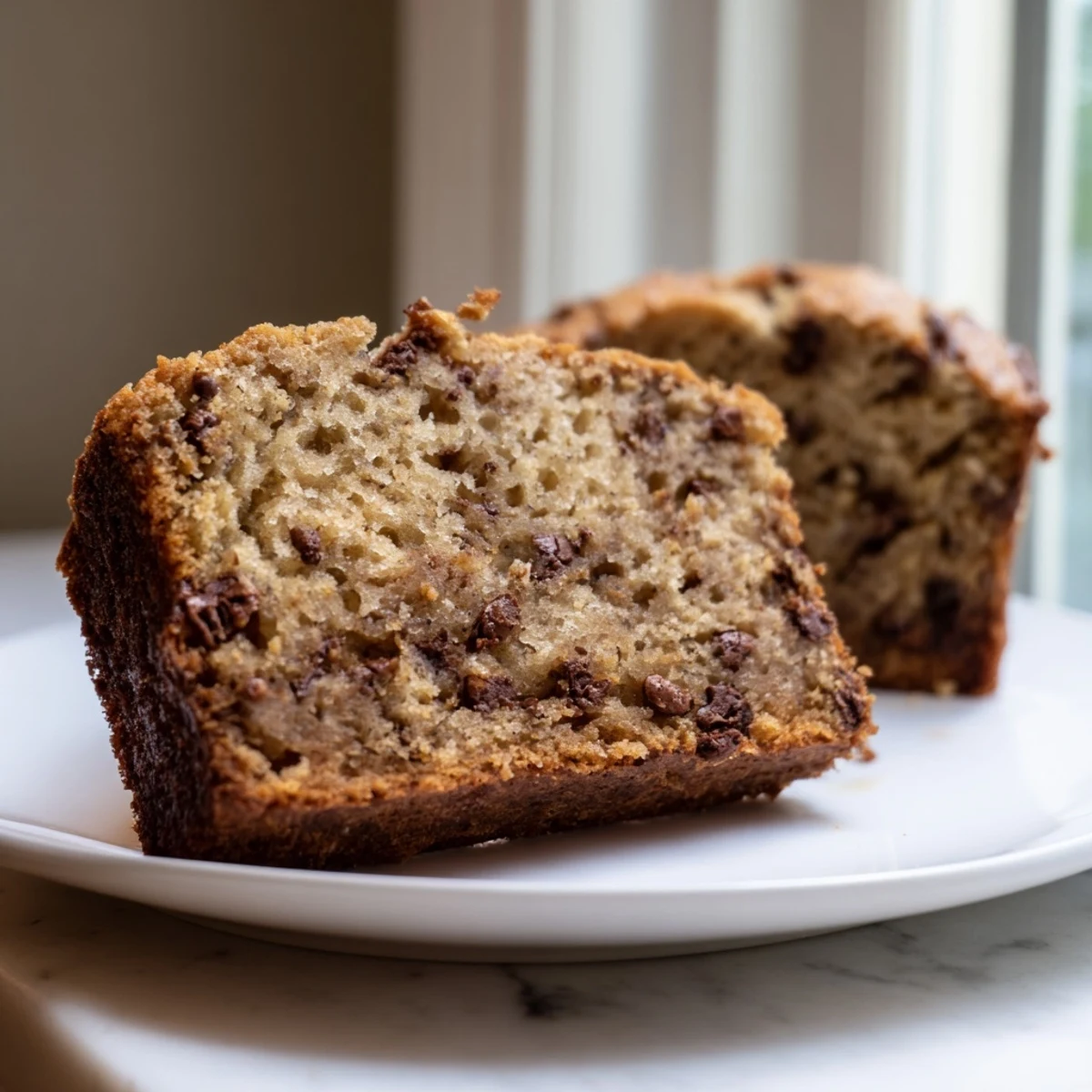 Rustic loaf of banana bread with chopped walnuts, sliced thick to show its tender crumb and golden crust.