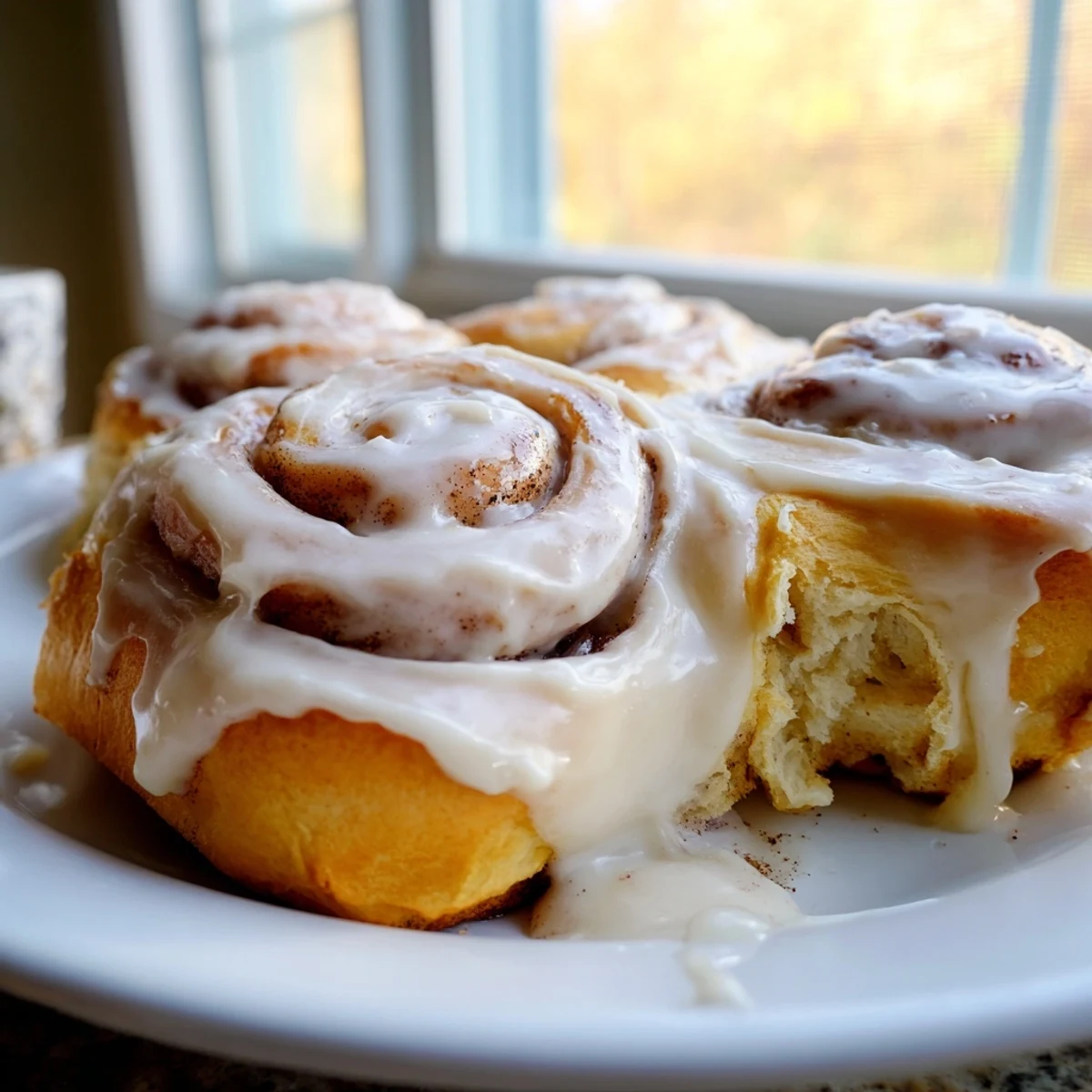 A close-up of a gooey Pumpkin Cinnamon Roll with cream cheese frosting, showcasing the moist pumpkin dough and rich, spiced filling.