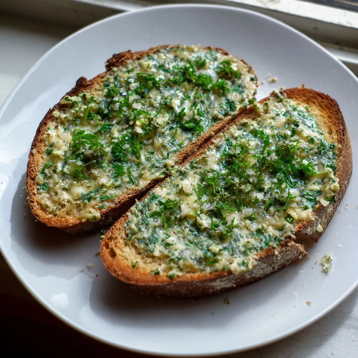 Freshly toasted sourdough slices spread with aromatic herb butter and sprinkled with flaky sea salt for a savory snack.