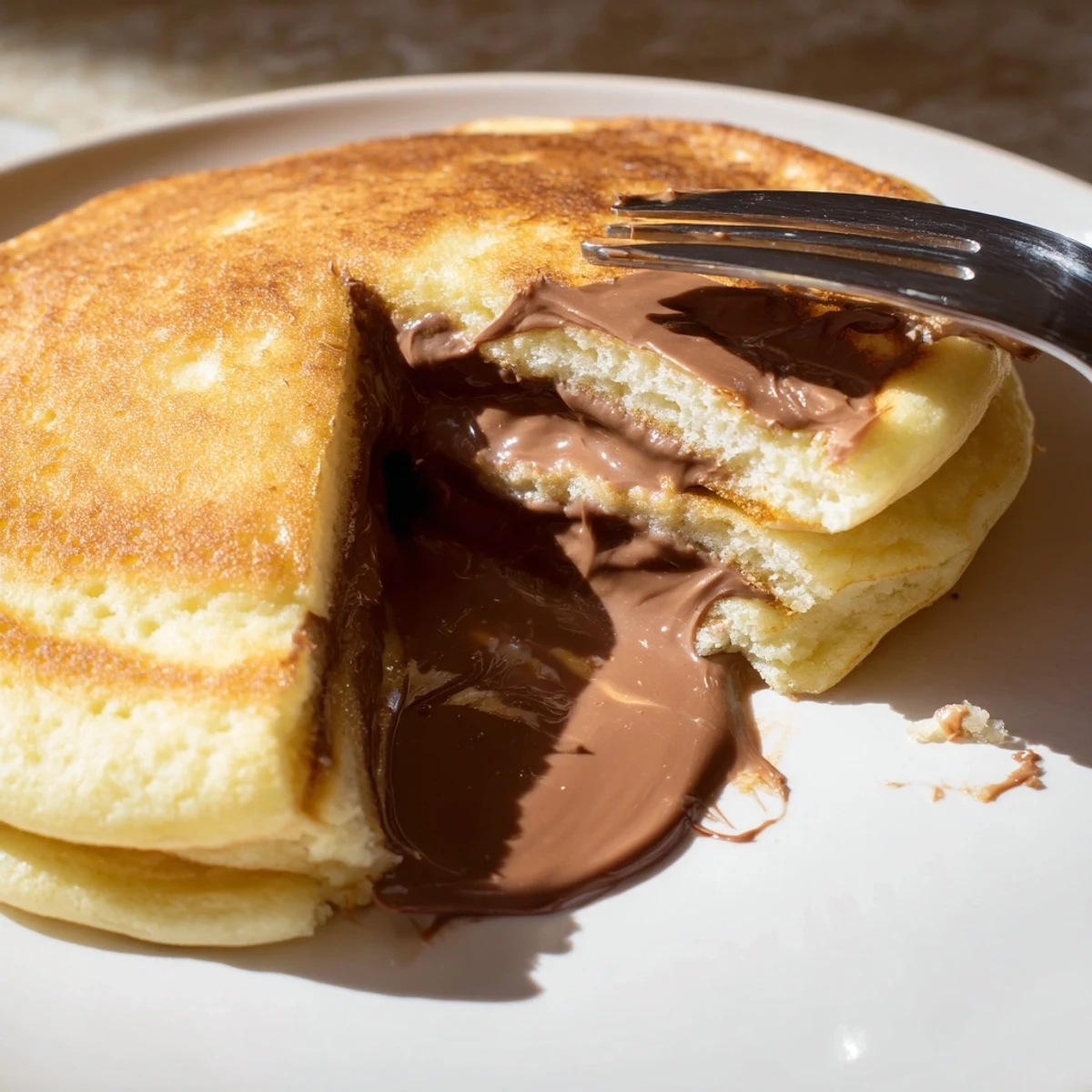 Golden-brown Nutella stuffed pancakes with a warm, gooey center, served on a white plate with fresh berries.  