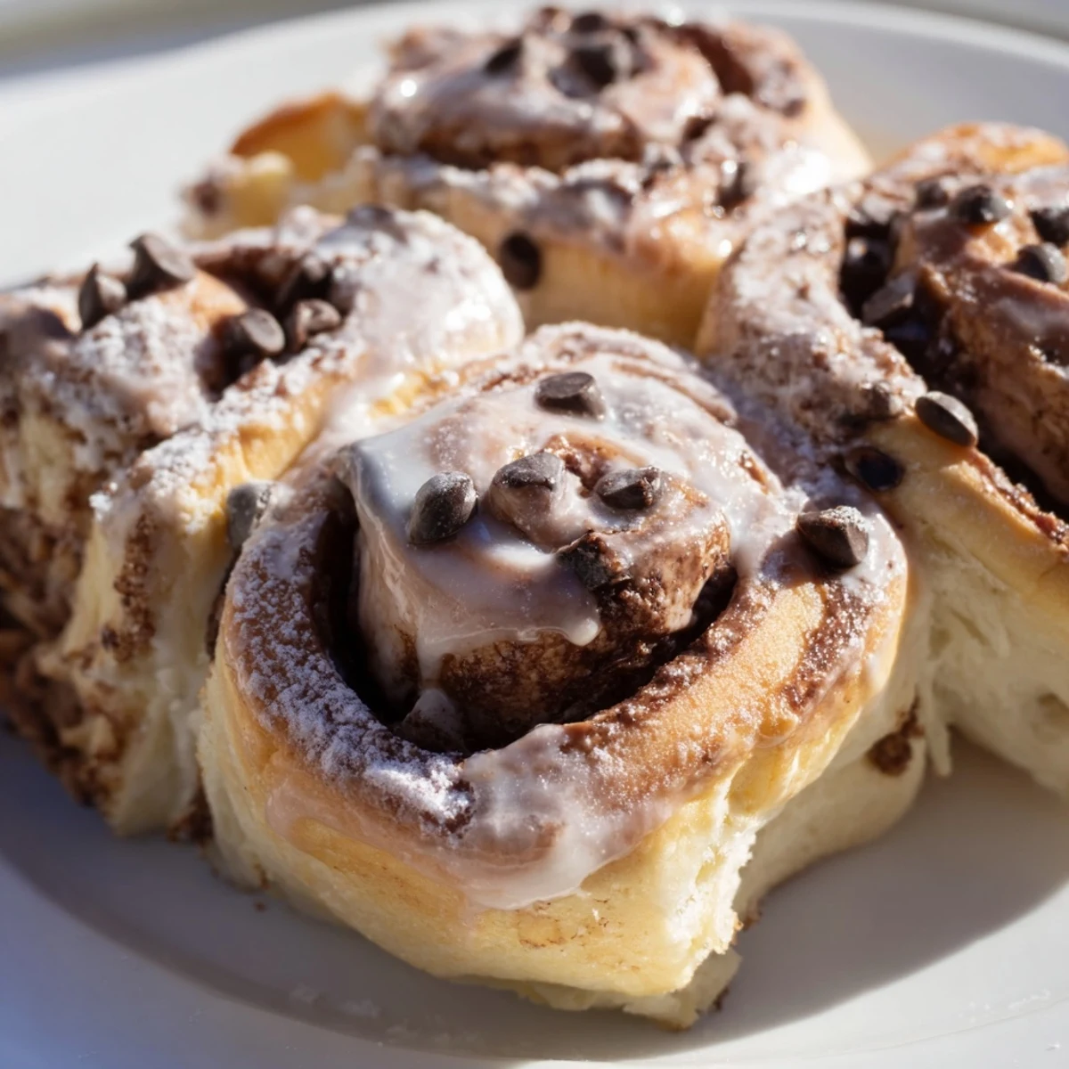 Warm Nutella Chocolate Chip Rolls are glazed and served on a white plate with a cup of coffee nearby.