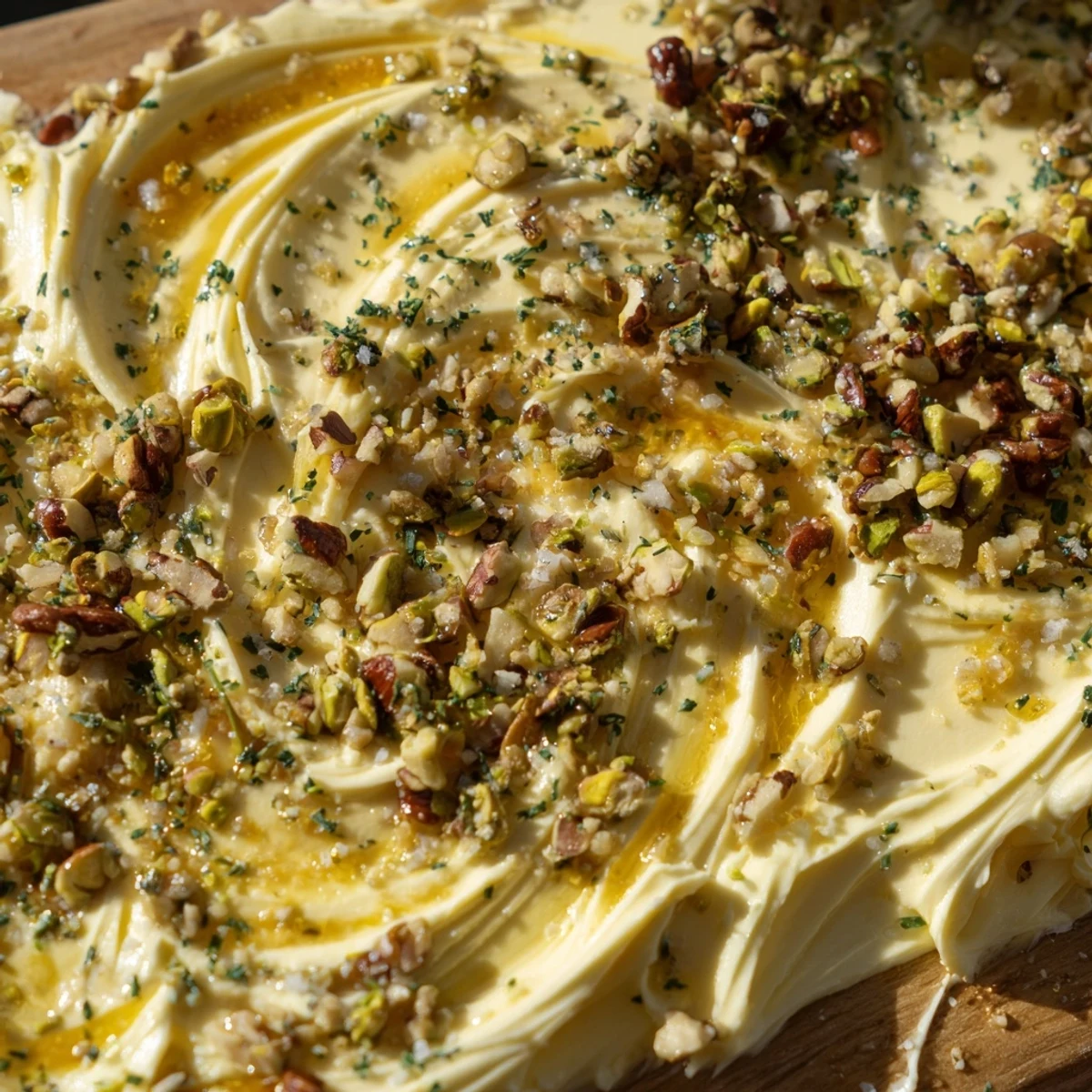 A close-up of a Flavored Butter Board Charcuterie, featuring creamy butter swirled with chopped pistachios, chives, and a honey drizzle.