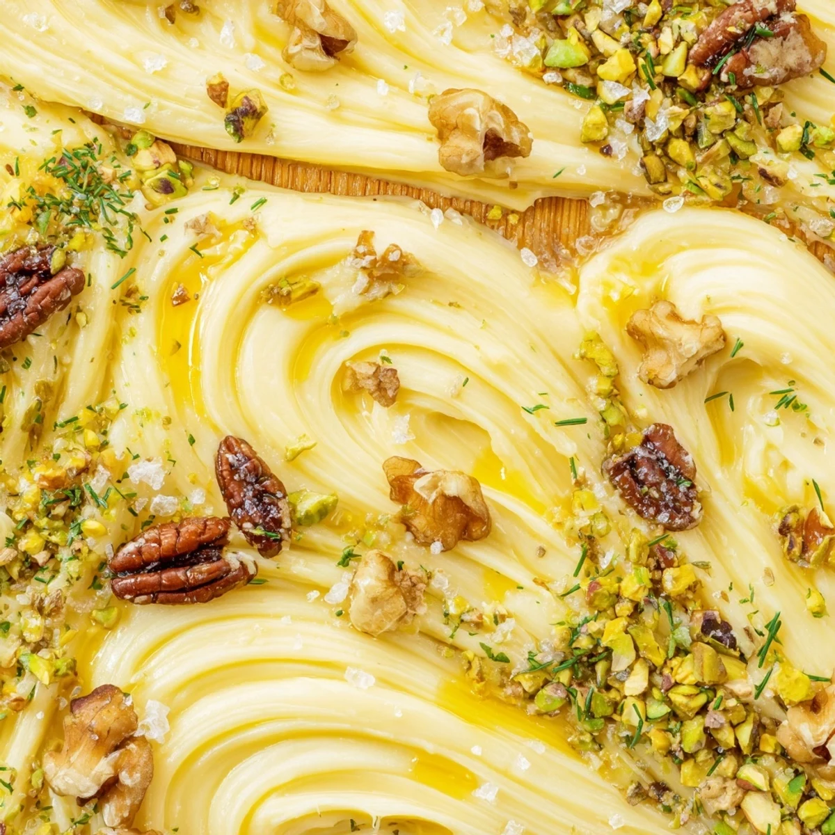 Top-down view of a Flavored Butter Board Charcuterie on a rustic wooden board, topped with walnuts, fresh herbs, and flaky salt.