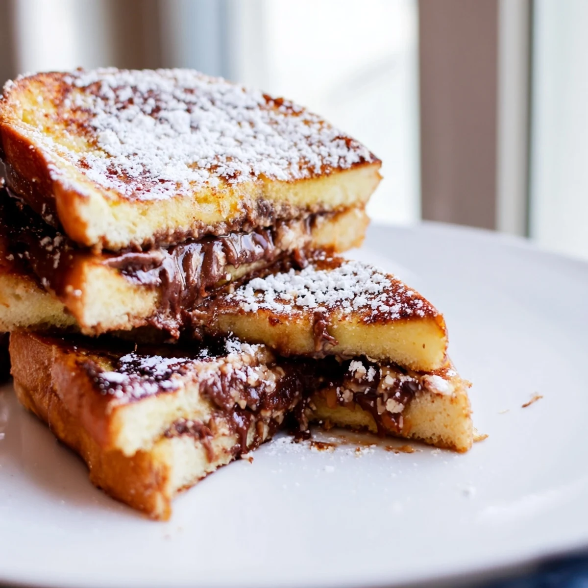 Thick slices of golden, pan-fried Nutella Brioche French toast dusted with powdered sugar and fresh berries.