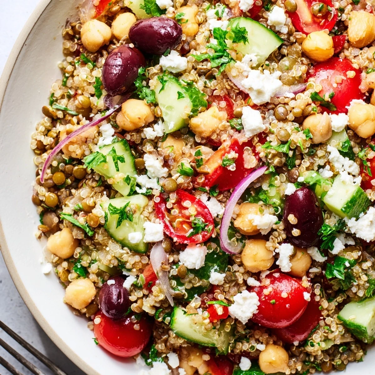 Greek Power Salad in a white bowl, topped with crumbled feta cheese and Kalamata olives.