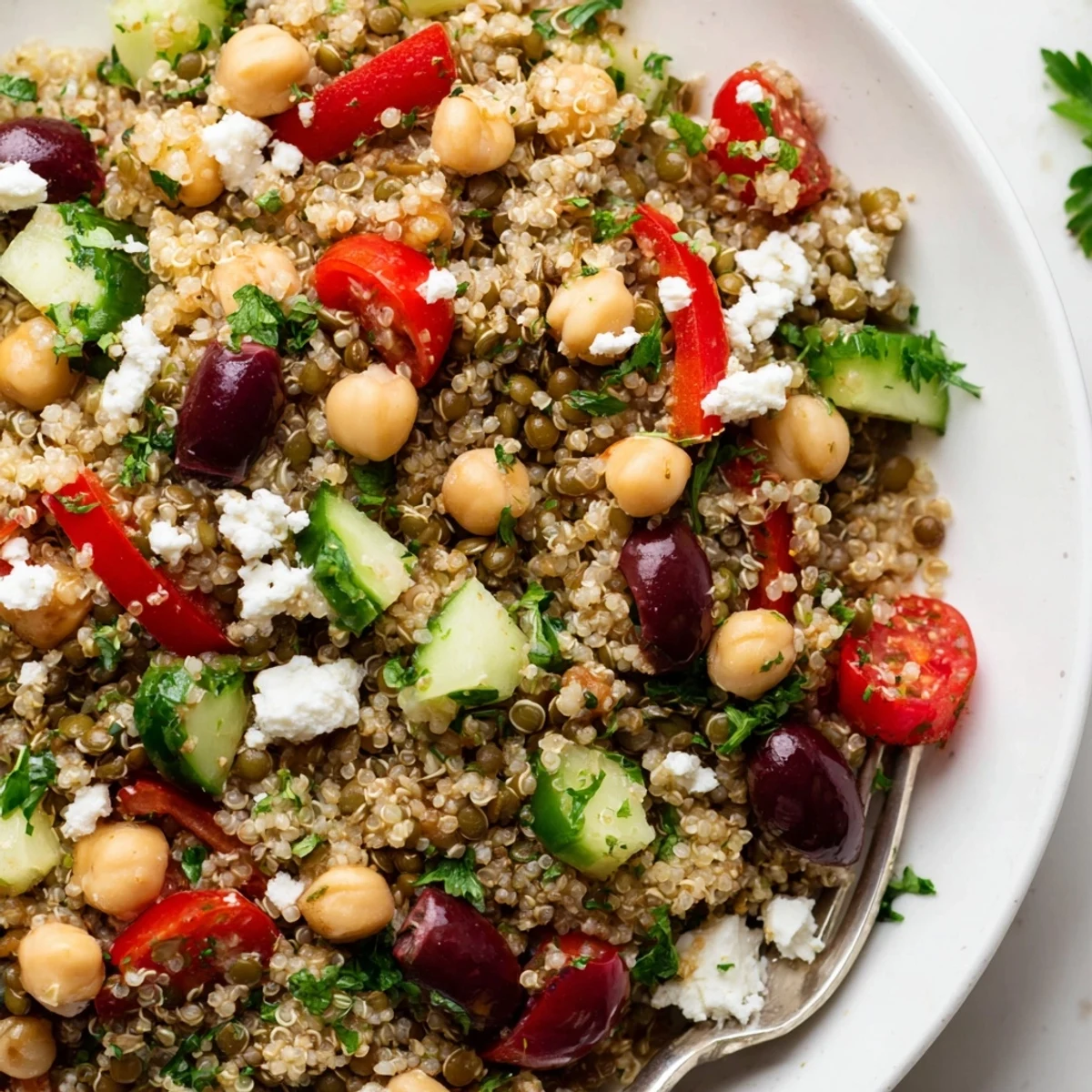 A vibrant bowl of Greek Power Salad with chickpeas, quinoa, and fresh chopped parsley.