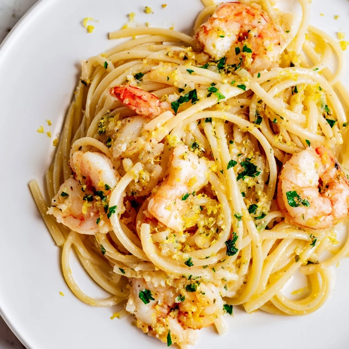 Plump, pink shrimp and al dente linguine glisten in a rich garlic butter sauce, garnished with fresh parsley.  