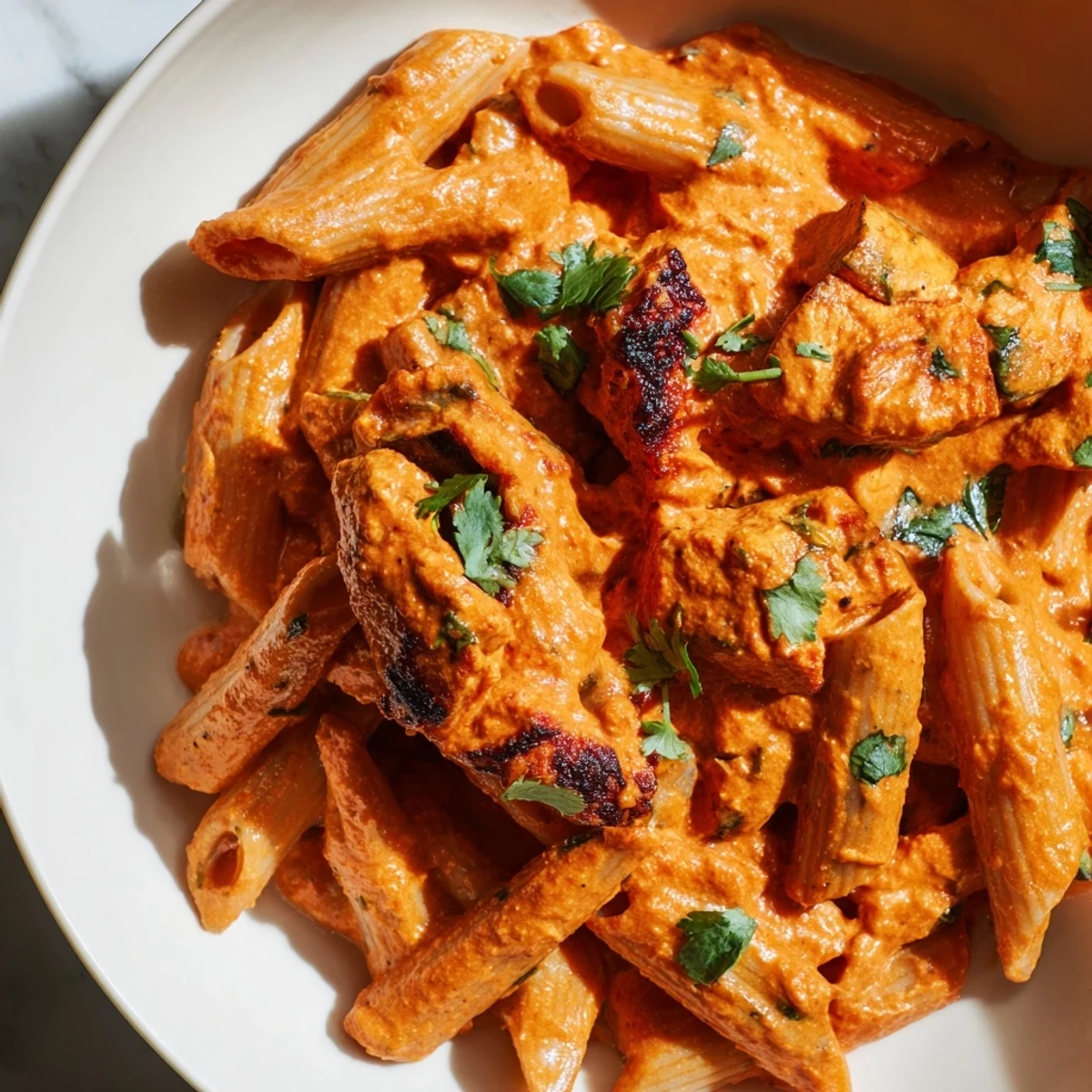 Creamy Chicken Tikka Pasta in penne, garnished with fresh cilantro, served hot on a white plate.