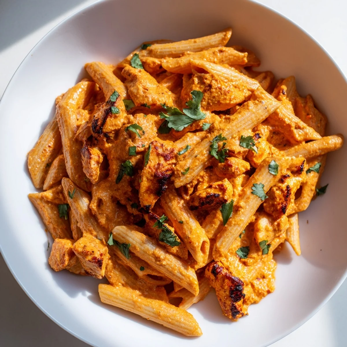 Forkful of Chicken Tikka Pasta with tender tikka chicken and creamy tomato sauce, ready for a weeknight dinner.