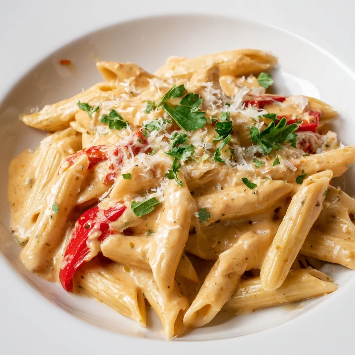 Creamy Cajun Pasta features al dente penne tossed in a velvety, spicy sauce with sweet roasted red peppers, finished with fresh parsley and Parmesan for a comforting weeknight dinner.