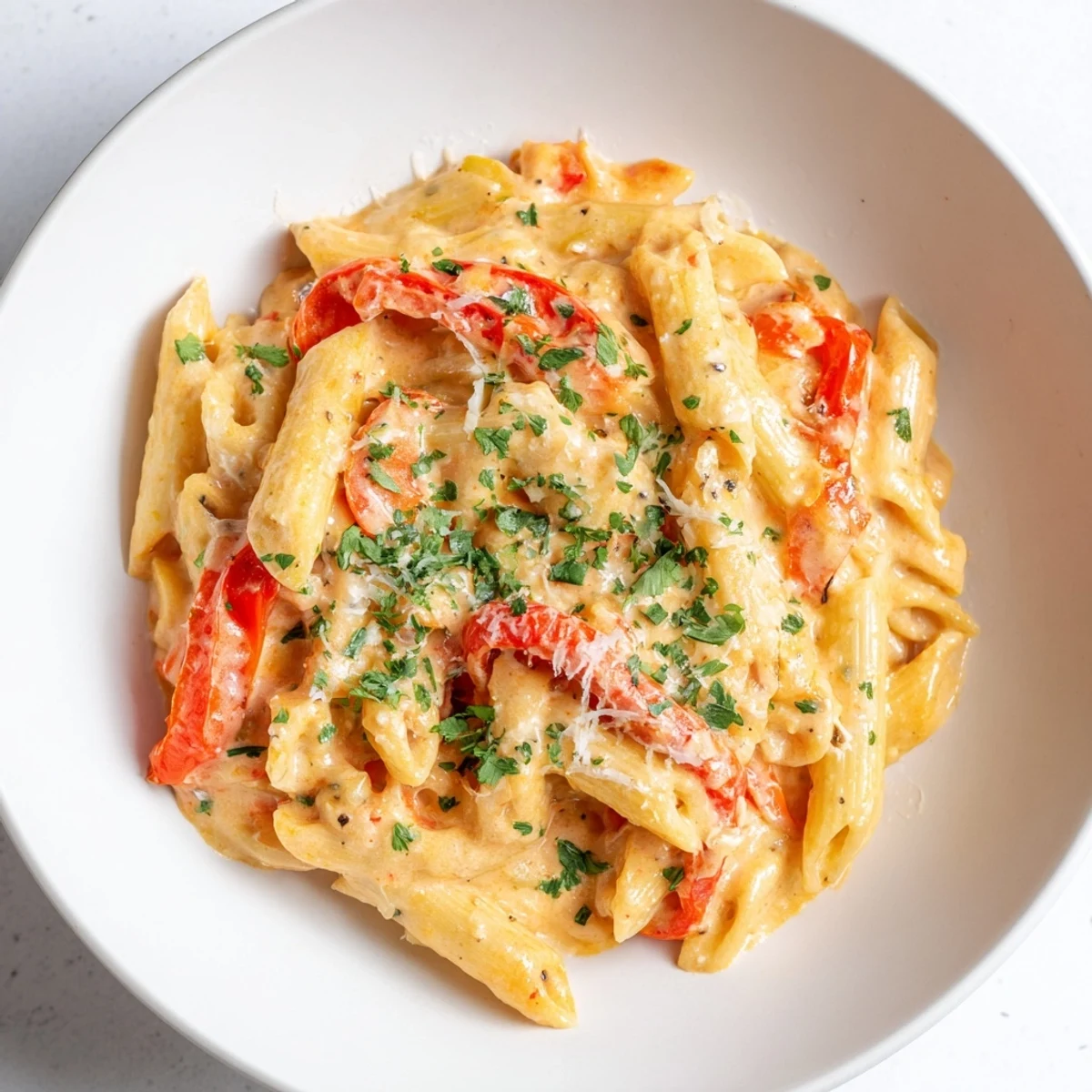 Overhead view of Creamy Cajun Pasta plated in a shallow bowl, garnished with grated Parmesan and chopped parsley, with a glass of Sauvignon Blanc nearby for a balanced, spicy meal.
