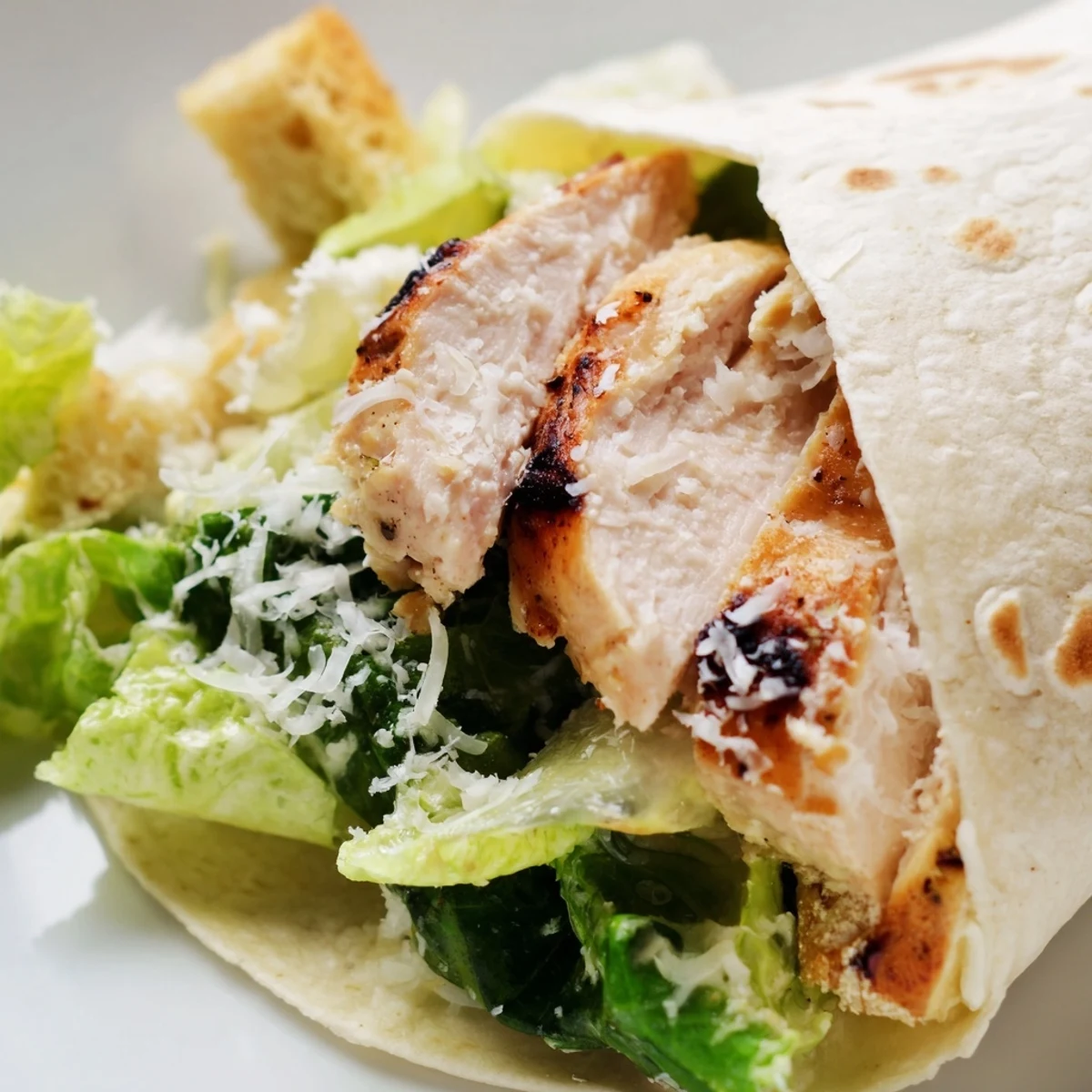 Freshly grilled chicken slices rest beside crisp romaine lettuce, parmesan shavings, and croutons, ready to be wrapped in a soft tortilla for a satisfying Caesar Chicken Salad Wrap.