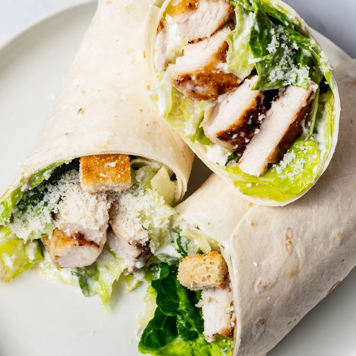 A vibrant Caesar Chicken Salad Wrap, cut in half to reveal layers of juicy grilled chicken, creamy Caesar dressing, and crunchy romaine inside a golden flour tortilla.